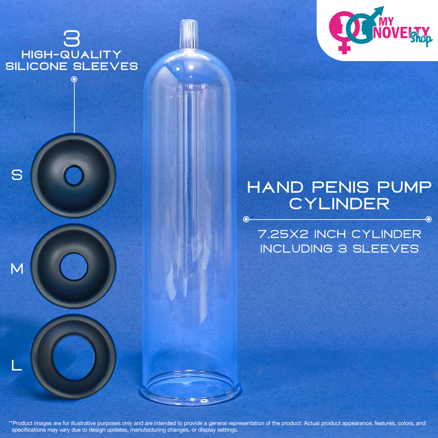 7.25x2 inch penis pump cylinder with 3 silicone sleeves labeled S, M, L.