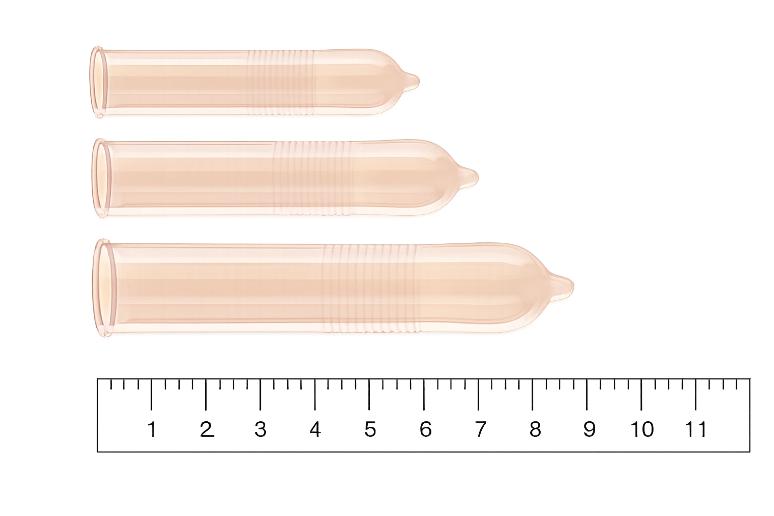 Three condoms of varying sizes next to a ruler, illustrating male enhancement product options.