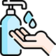 Hand sanitizer dispenser with a drop of sanitizer falling onto a hand.
