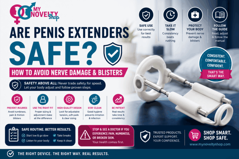 Infographic on penis extenders safety, includes device and safety tips