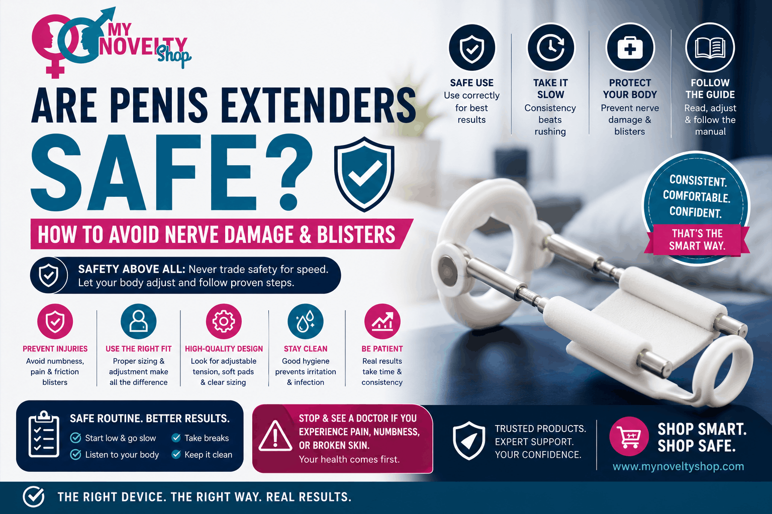 Infographic on penis extenders safety, includes device and safety tips