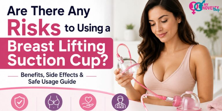 Woman using breast lifting suction cup with text "Are There Any Risks?