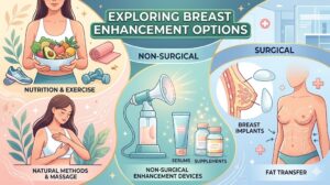 Infographic exploring breast enhancement options: nutrition, exercise, non-surgical devices, supplements, and surgical methods