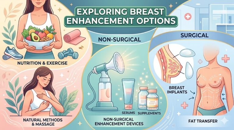 Infographic exploring breast enhancement options: nutrition, exercise, non-surgical devices, supplements, and surgical methods