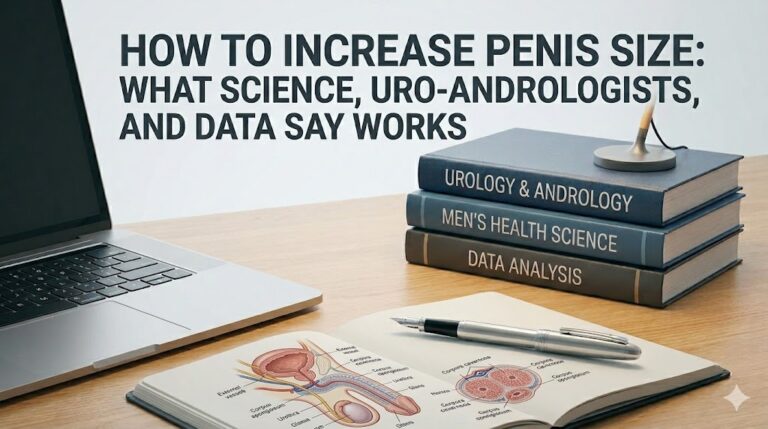 Desk with books on urology, open book on penis anatomy, pen, laptop