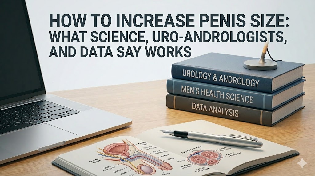Desk with books on urology, open book on penis anatomy, pen, laptop