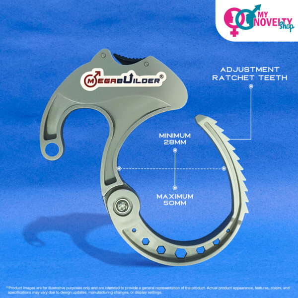 MegaBuilder penis clamp, adjustable ratchet teeth, 28mm-50mm girth range.